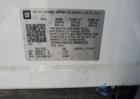 2018 Chevrolet Equinox Lt из США, поврежденный, VIN 3GNAXSEV2JS644231